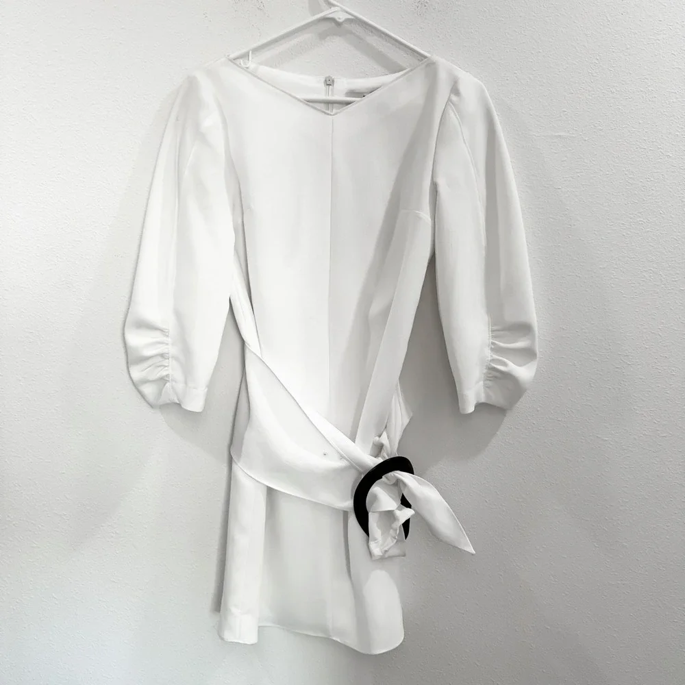 NWT Tibi Boho Designer Preppy Removable Belt Shirred Sleeve Dress White 00